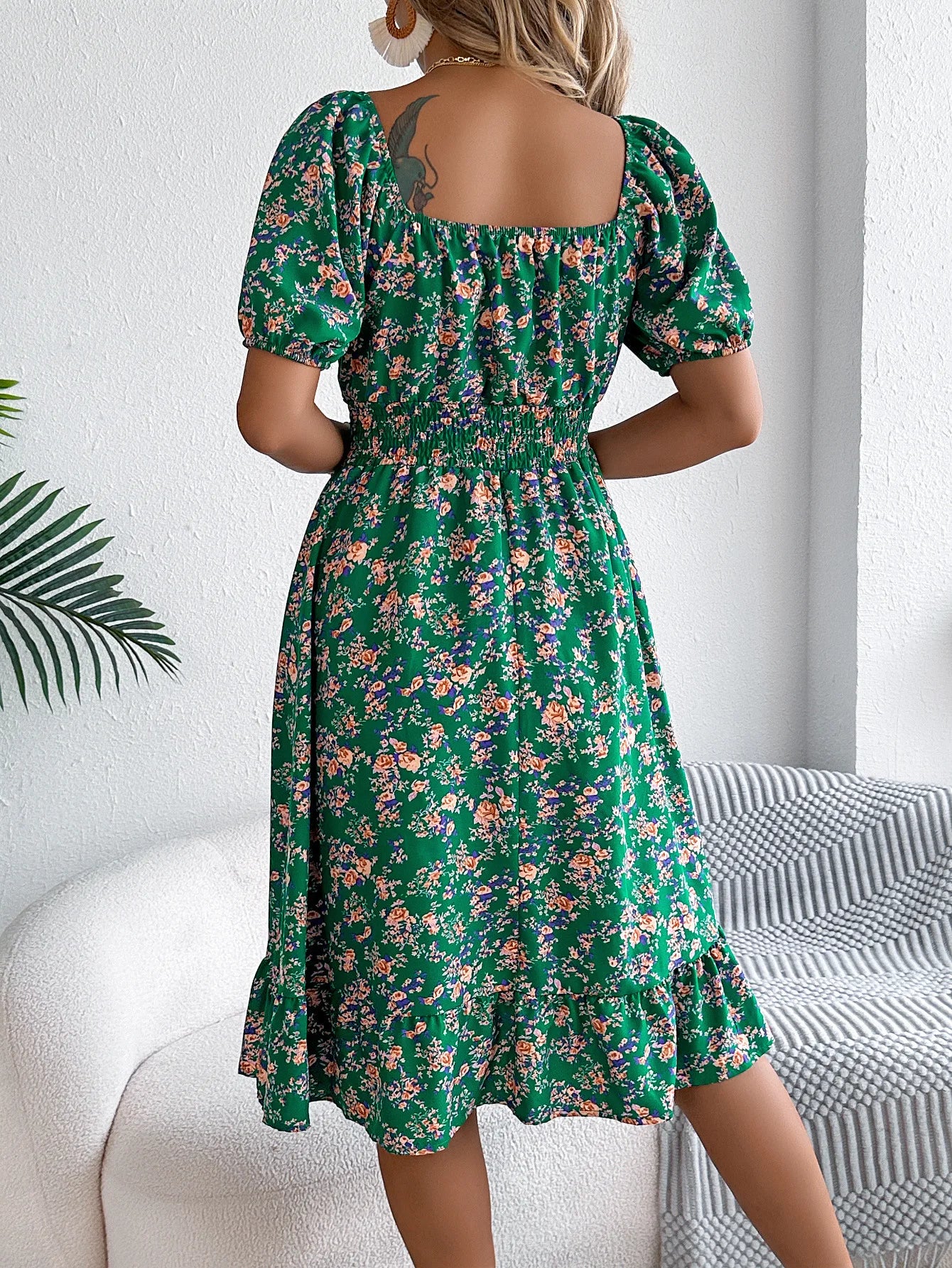 Women's Floral 3D Print Square Neck Dress